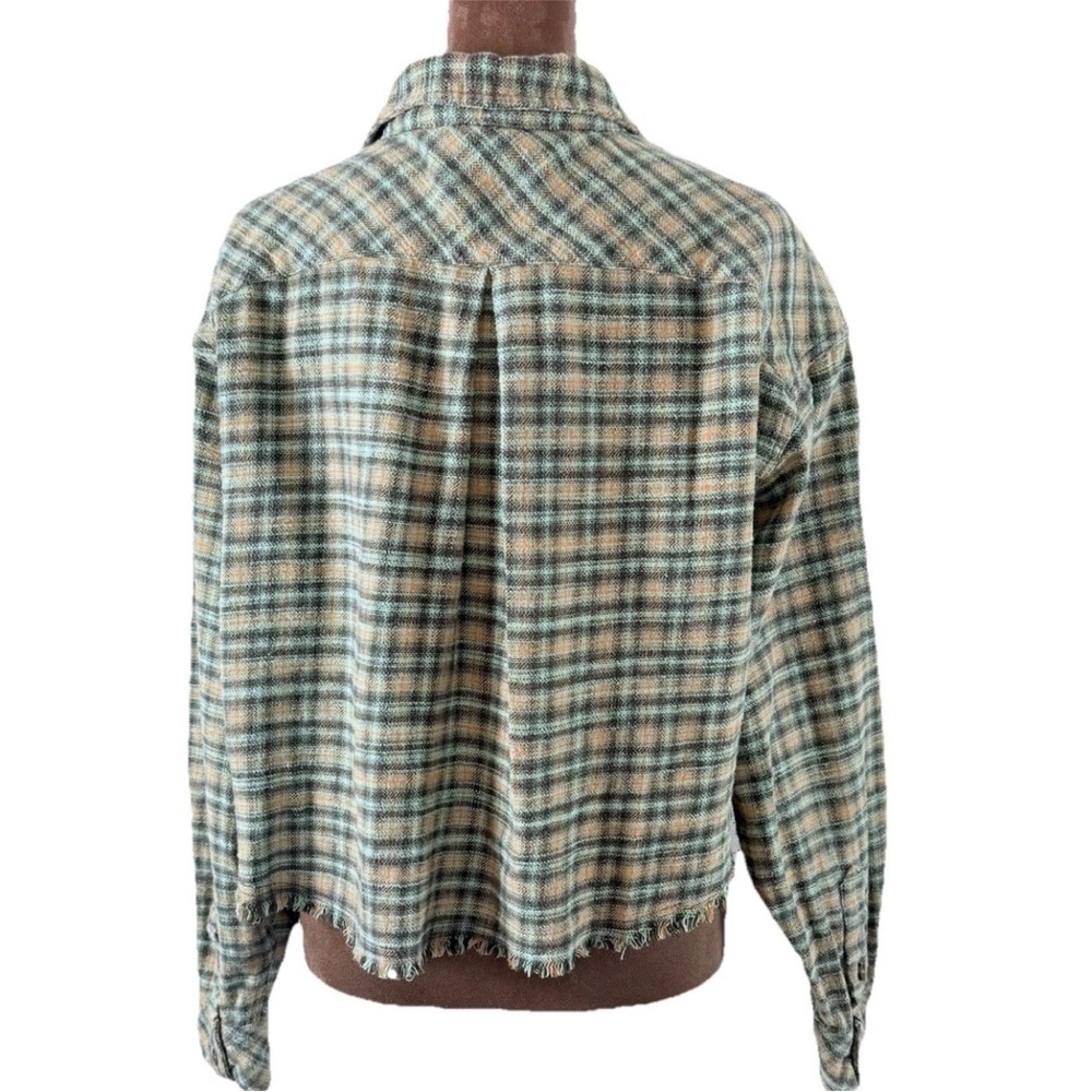 BDG Women Size XS Green Orange Brown Plaid Cropped Flannel  Raw Hem Oversized - Picture 11 of 15